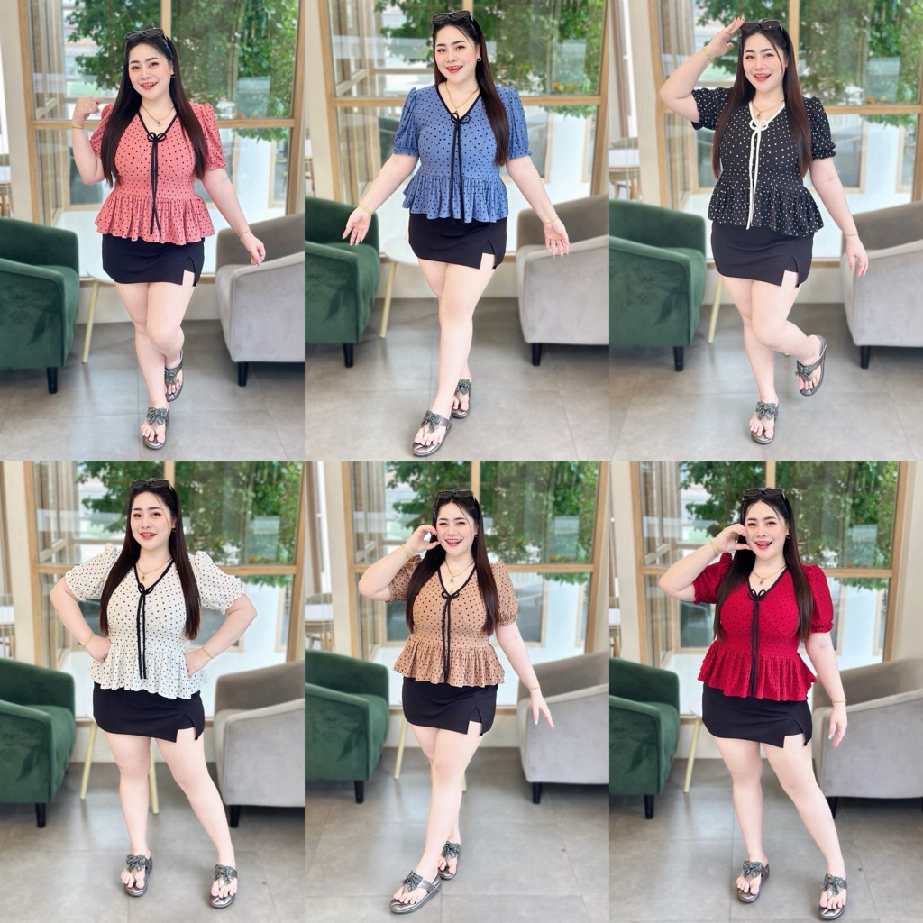 เสื้อสาวอวบ  อก38-46  ชายระบาย ลายจุดน่ารัก ตัดขอบผูกโบว์ได้  (A110)