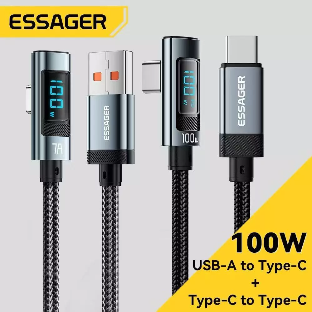Essager PD 100W จอแสดงผลดิจิทัล ข้อศอก USB2.0 C เป็น Type C สายเคเบิล E-Marker USBC ชาร์จเร็ว สายข้อมูลมือถือ A11