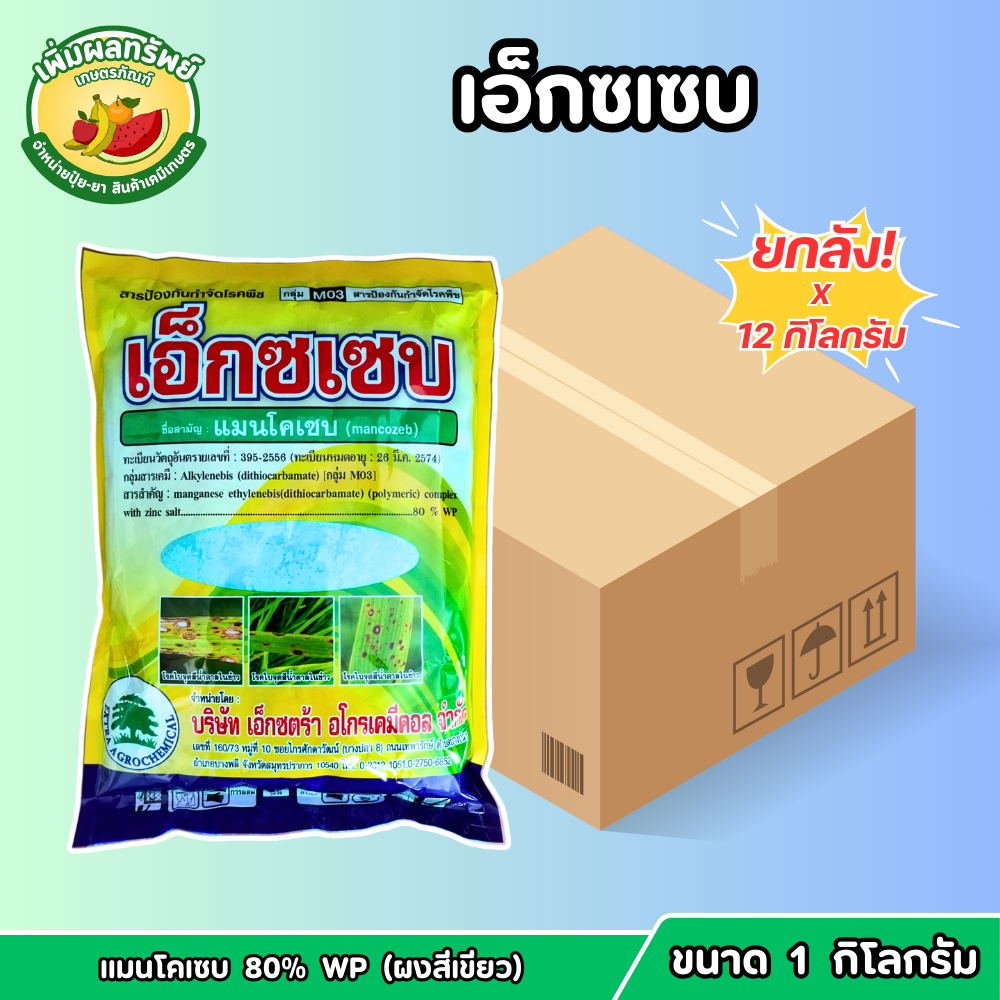 (ยกลัง) เอ็กซเซบ (แมนโคเซบ 80% WP ผงสีเขียว) ขนาด 1 กิโลกรัม ป้องกันกำจัดโรคพืช โรคใบจุดใบไหม้ ราแป้ง ราดำ แอนแทรคโนส