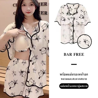 🔥ผ้าคอตตอน🔥 ไซร์ใหญ่ ชุดนอนอก42-54นิ้ว M-3XL มีบราในตัว แขนสั้น-ขาสั้น สาวอวบ พร้อมส่งจากไทย