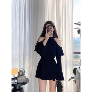 GHAOHES 👗👗 เดรสแขวนคอเปิดไหล่ กระโปรงเสื้อแขนยาวขอบบัวบาน🎀🎀 11006