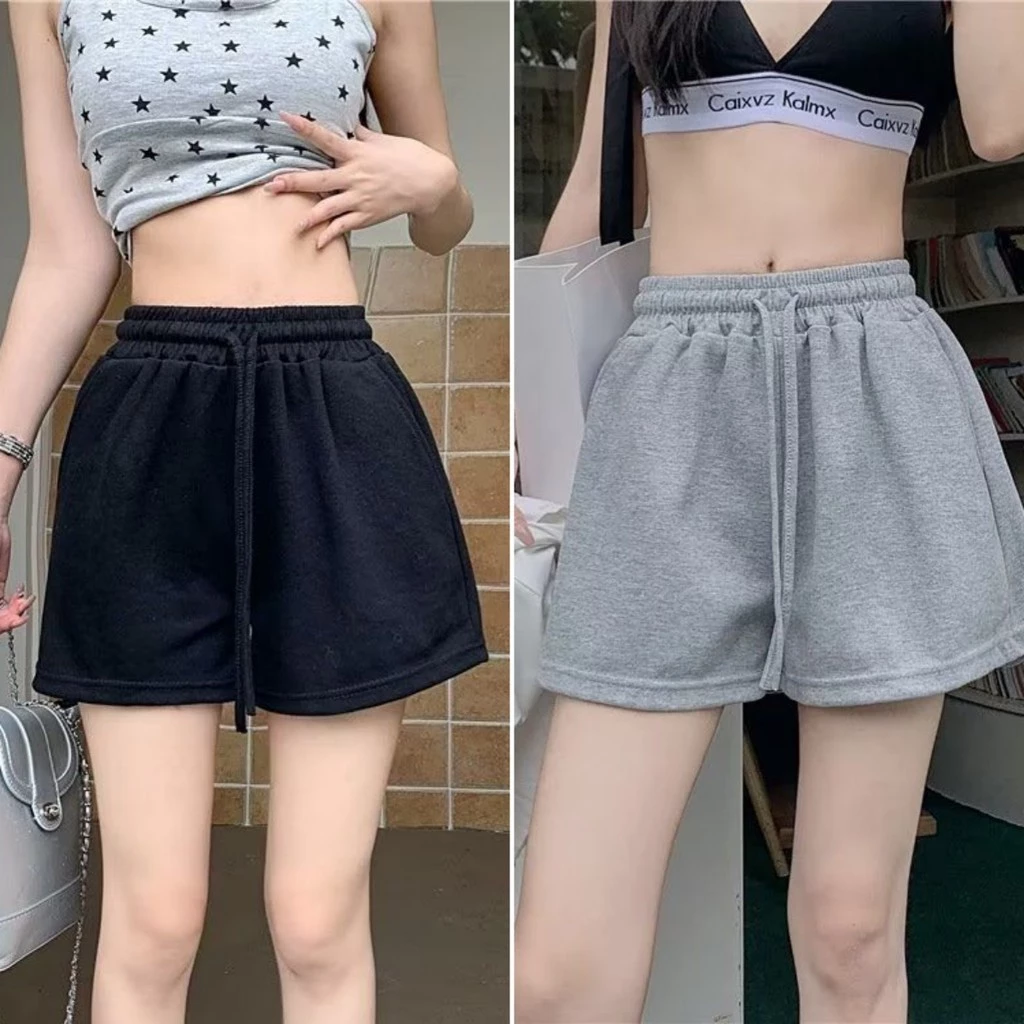 Bella shop กางเกงขาสั้นผู้หญิงหลวมๆ สไตล์เกาหลี สปอร์ตเรียบง่าย กางเกงขาสั้นเชือกผูกแบบลำลอง