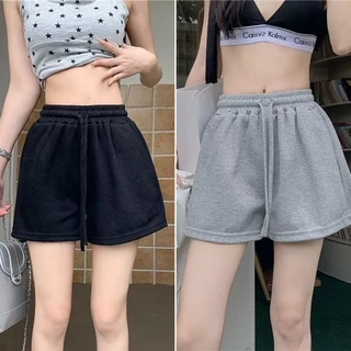 Bella shop กางเกงขาสั้นผู้หญิงหลวมๆ สไตล์เกาหลี สปอร์ตเรียบง่าย กางเกงขาสั้นเชือกผูกแบบลำลอง