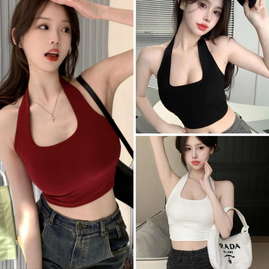 Bella Shop เสื้อกั๊กแฟชั่นสตรีสลิง เสื้อคล้องคอ คอเหลี่ยมตัวจิ๋ว เปิดหลัง ผ้ายืดใส่สบาย