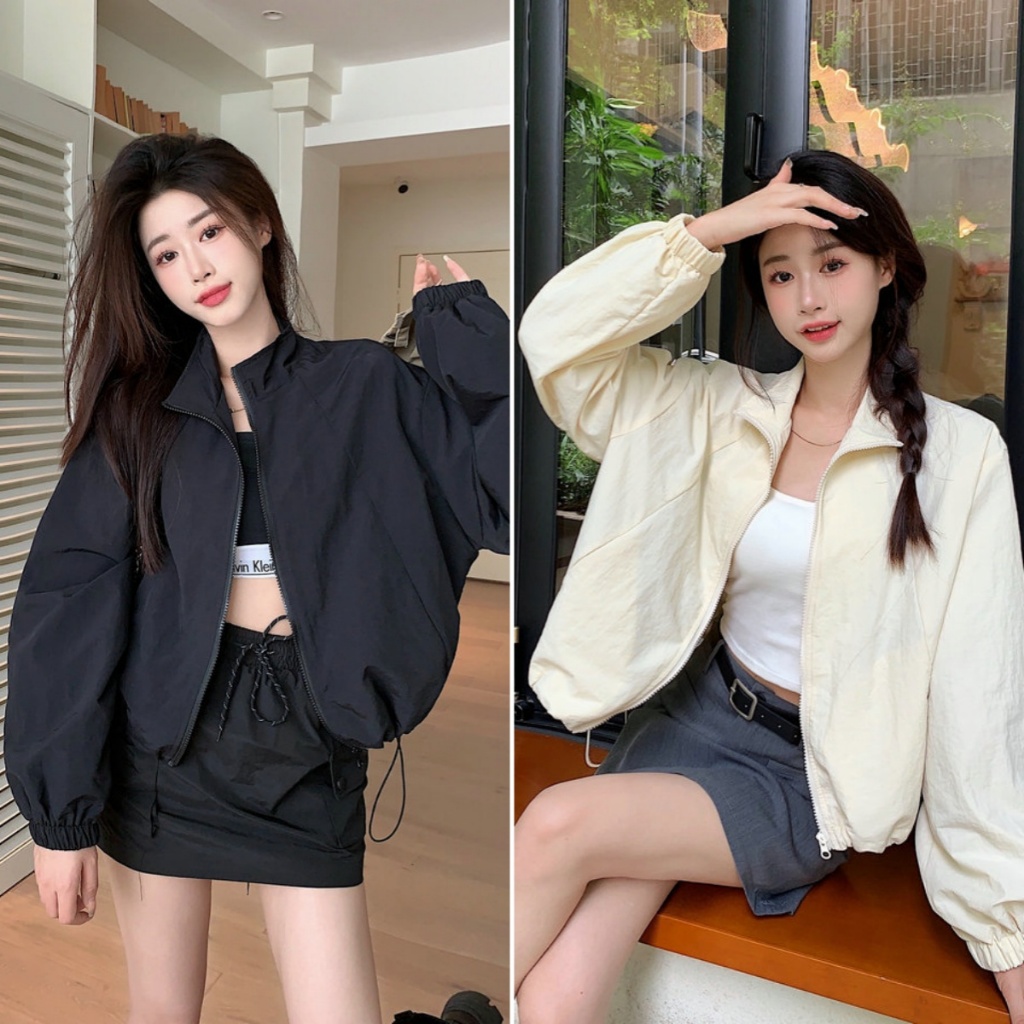 Hotgirl พร้อมส่ง เสื้อคลุมแขนยาวผู้หญิง เสื้อคลุมสั้นผู้หญิง ซิป ดีไซน์เชือกผูก สไตล์เกาหลีเรียบง่าย หลวมและสบาย