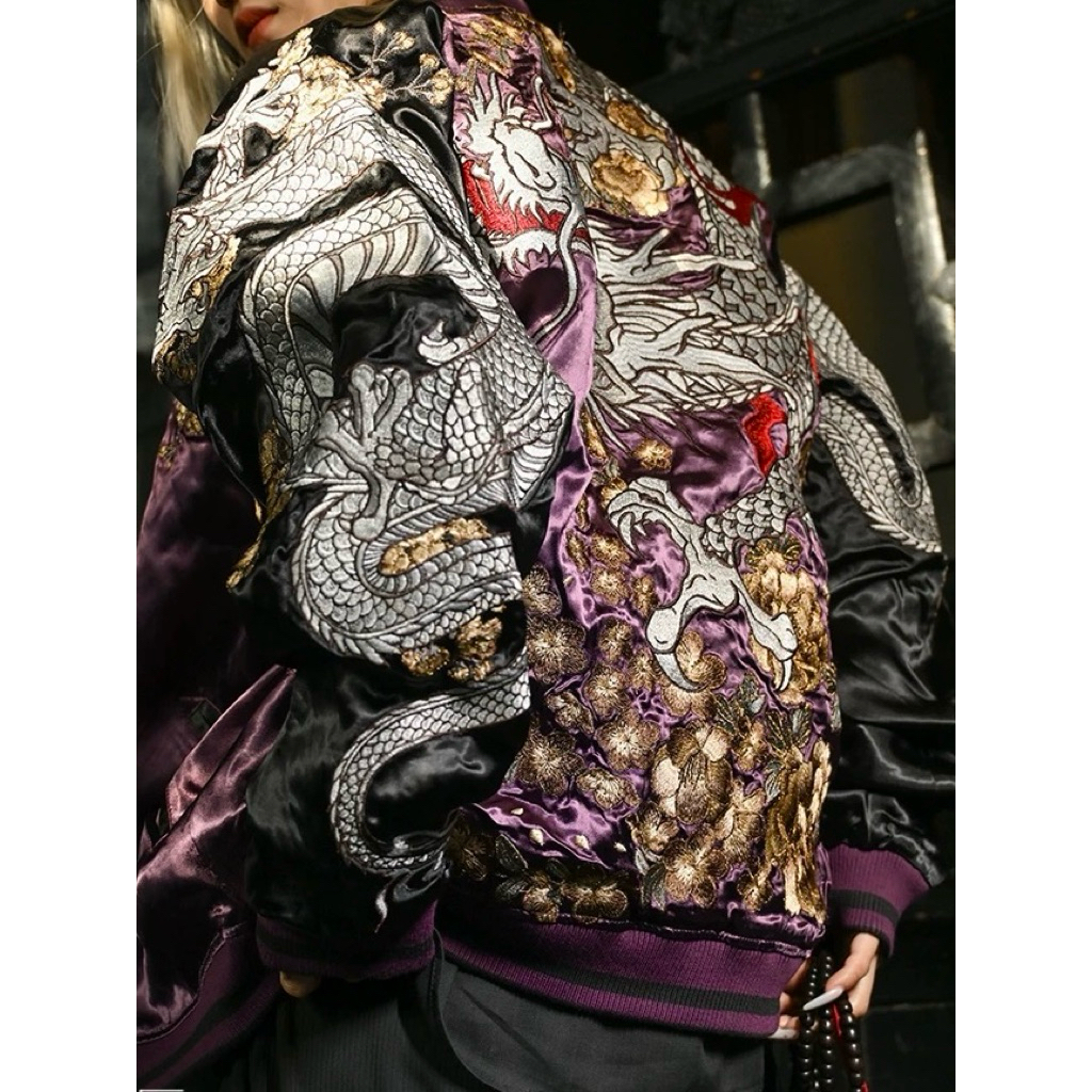 sukajan jacket เสื้อปักลายมังกร เสื้อแจ็คเก็ตญี่ปุ่น ซูกะจัน สุกะจัน มังกร ม่วง ดำ