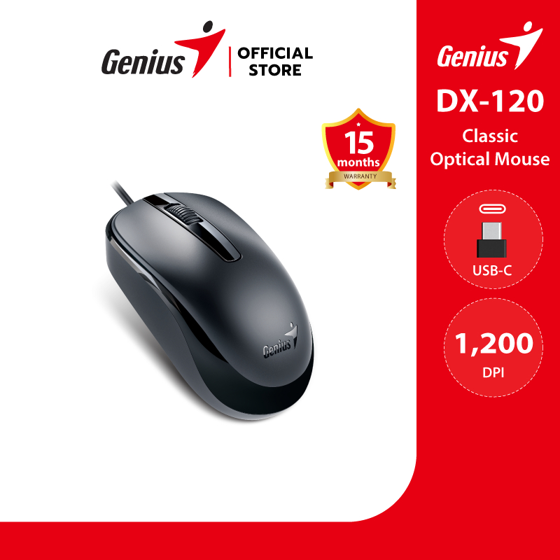 Genius Mouse DX‑120 USB‑C เมาส์ Optical 1000‑1200 DPI Full‑size Ambidextrous  Plug‑and‑Play สายยาว 1.5 เมตร
