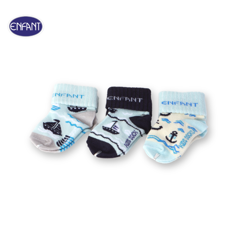 ENFANT (อองฟองต์) ถุงเท้าเด็กอ่อนแพ็ก 3 สี พับข้อ สำหรับเด็ก 0-3 เดือน ขนาด 6-7 CM. สีฟ้า