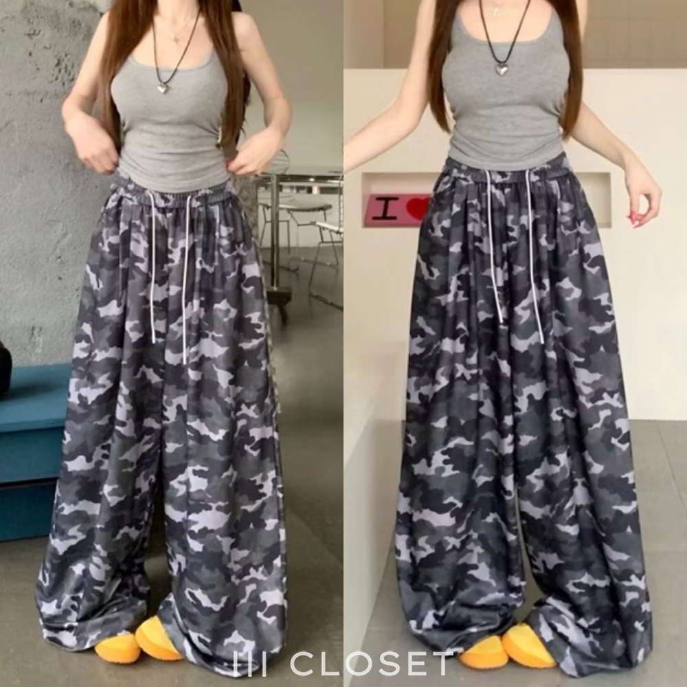 กางเกงขาบาน lll Freesize lll COM526 ลายทหาร สม็อกรอบเอว มีสายรูด ผ้าแมงโก้