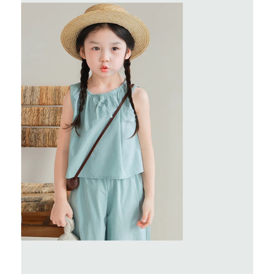 ชุดเด็กผู้หญิง ชุดเสื้อแขนกุด+กางเกงขายาว ขาจั๊ม สีพื้นๆ สไตล์น่ารัก ทรงหลวม - รูปที่ 6