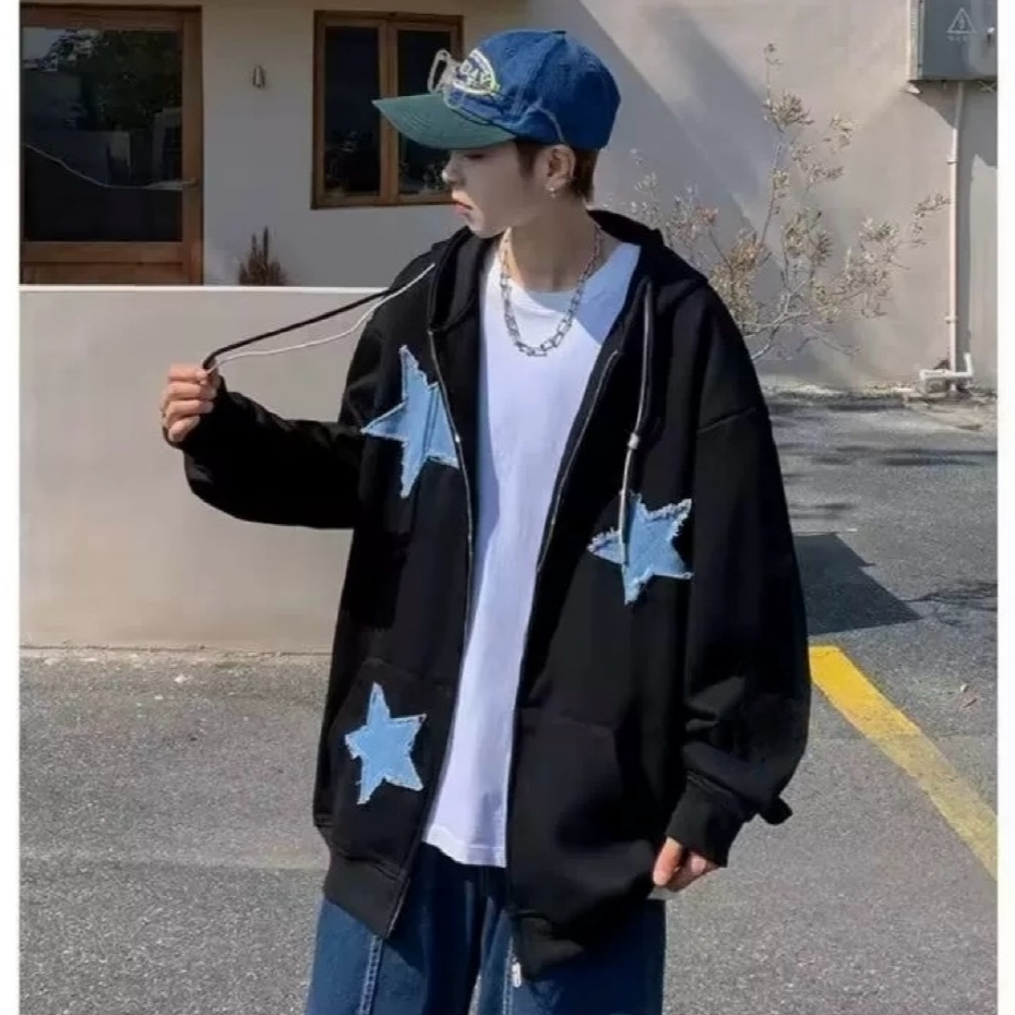 เสื้อแจ็คเก็ตทรงหลวมมีฮู้ดปักลายดาวสำหรับผู้ชาย รุ่น7766