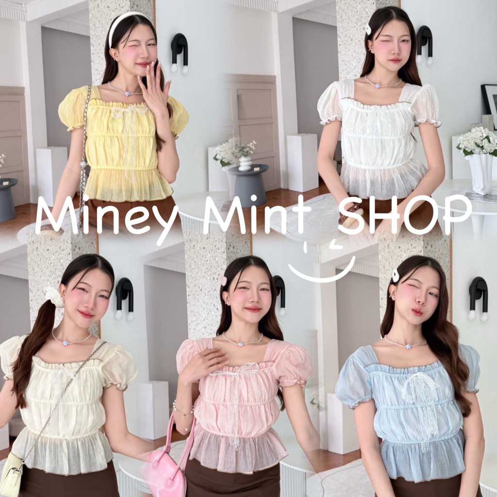 miniminey🌹 เสื้อแขนตุ๊กตา จั๊มตัวแต่งริบบิ้นลูกไม้  สีสดใส มีซับใน