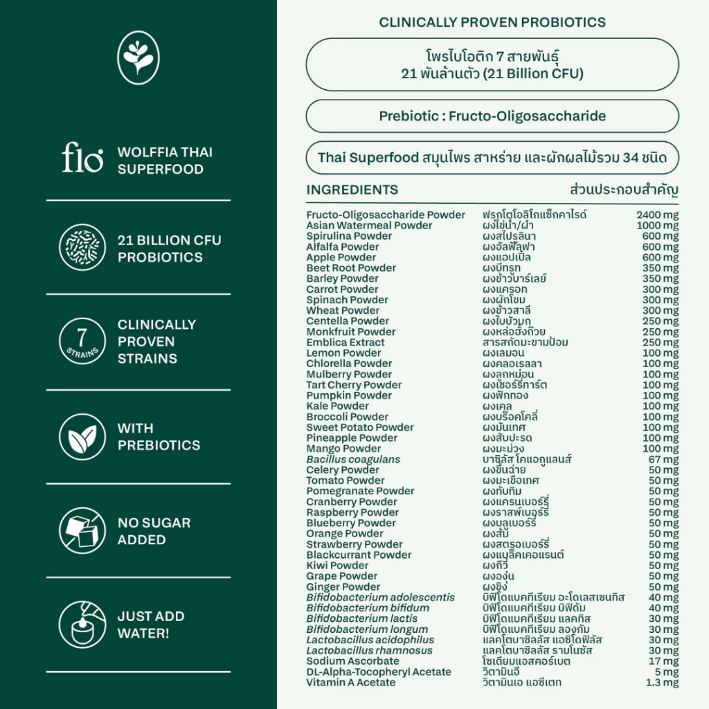 Greenbiotic โพรไบโอติกส์ 7 สายพันธุ์พร้อมไข่ผำและผักผลไม้ 34 ชนิด thumbnail 9