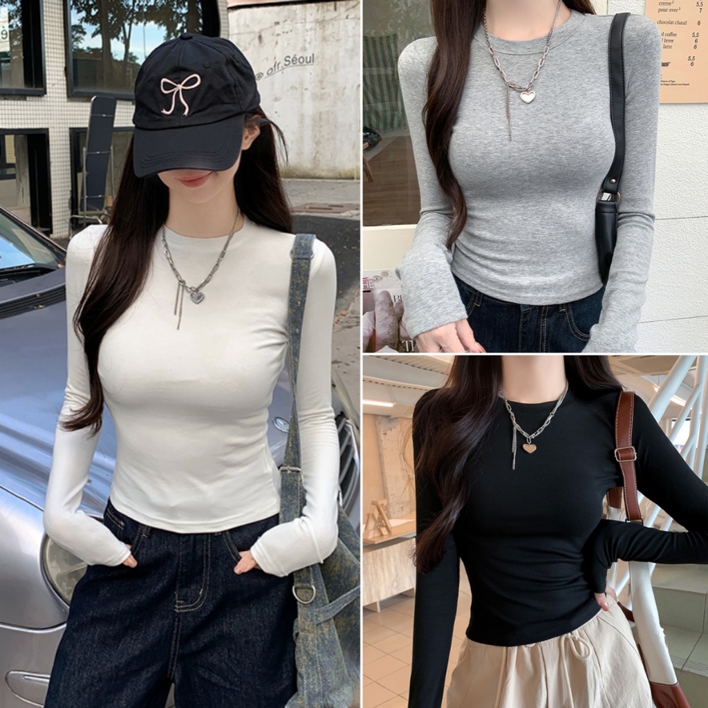 Bella Shop เสื้อยืดแขนยาวสีทึบผู้หญิงคอกลมสลิมฟิตเสื้ออเนกประสงค์