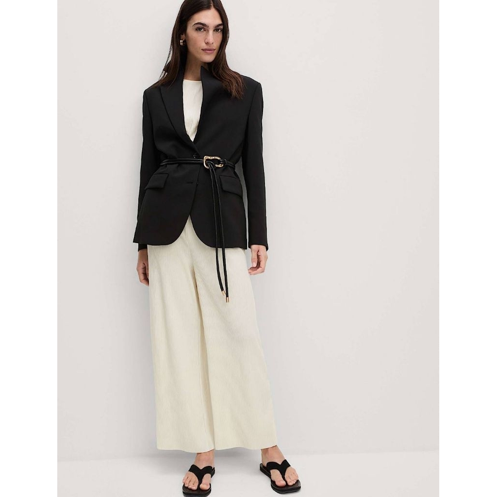 M&S Pleated Wide Leg Cropped Trousers กางเกงพลีท ขากว้างทรงค๊อป เอวยางยืด สวยแพงใส่สบายพริ้วๆ แมทเสื้อจบ สี Buttermilk