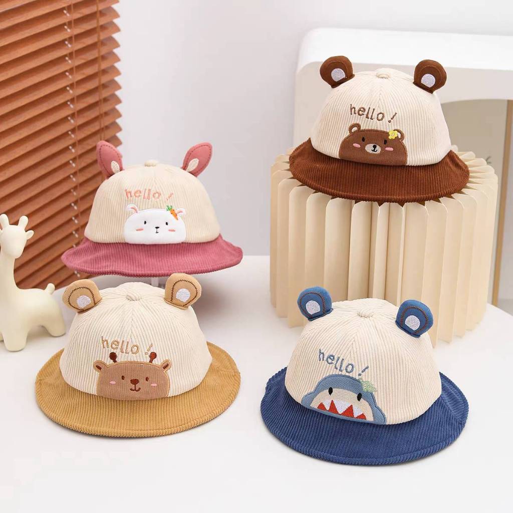 [พร้อมส่ง] หมวกเด็กบักเก็ต รอบศีรษะ 48–50 ซม. ลายการ์ตูนหมี กระต่าย ฉลาม ผ้าลูกฟูก ปีกหมวกพับดัดได้ หมวกแฟชั่นเด็ก