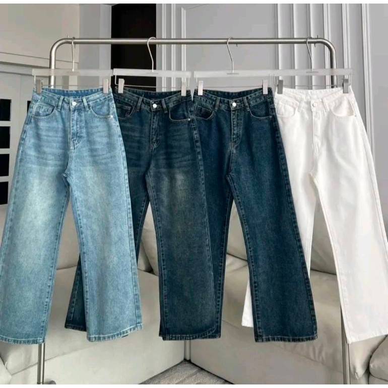 PTJ32198 Demi Semi-Flared กางเกงยีนส์เอวสูงทรงขาม้าโพนี่ ผ้าไม่ยืด ปัก PROMTHONG