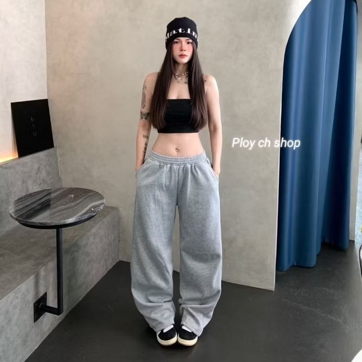 กางเกงวอร์มขากระบอกใหญ่ Baggy pant ผ้าสำลี รุ่นสูง 155 165 170 175ซม. ยาว37,39,41,43 นิ้ว มีกระเป๋าข้าง