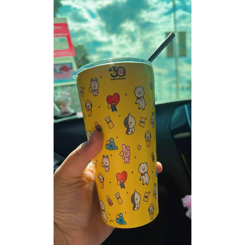 แก้วเก็บความเย็น BT21 x Lays 30th  สีเหลือง พร้อมหลอดและแปรงล้างหลอด