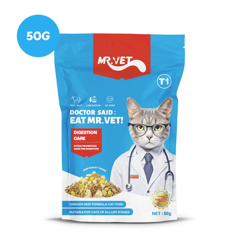Mr.Vet อาหารแมว T1 50g. Chicken & Beef Premium อาหารแมวสําหรับ Digestiveon Improvement