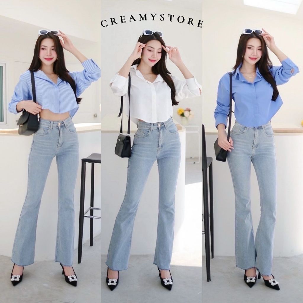 CreamyStore ครอปเชิ้ตคอปกแขนยาว ชายโค้ง งานป้ายPrisana