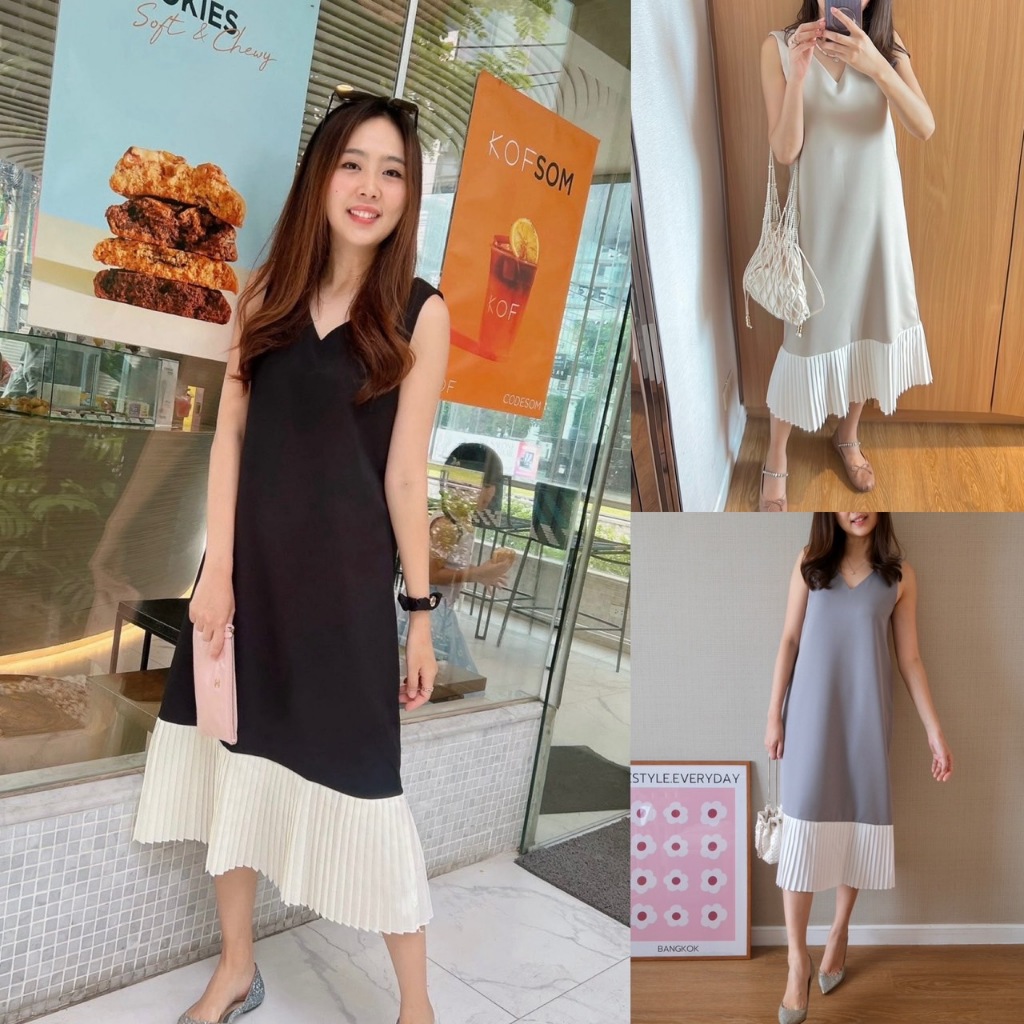 Swan pleated dress 850 งาน premium ทอสวยทั้งตัว    เดรสยาวคอวีแขนกุด ชายกระโปรงแต่งผ้าอัดพลีท