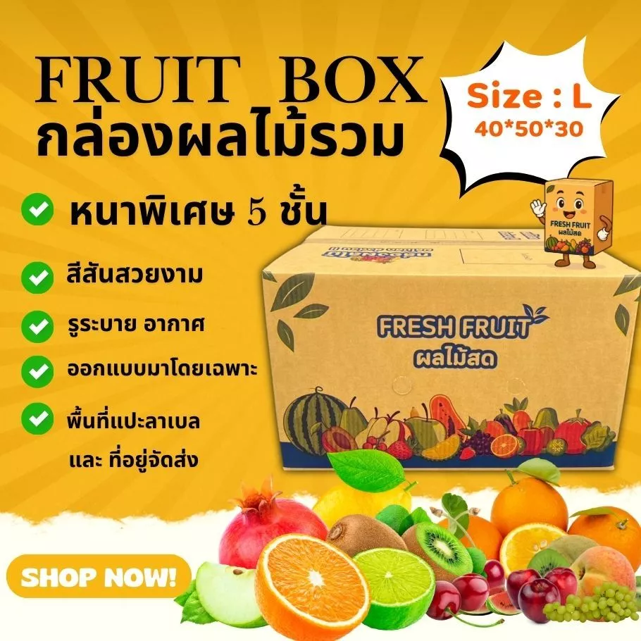 New ! สินค้าใหม่ กล่องผลไม้รวม L หนา 5 ชั้น เจาะรูระบายอากาศ และ หูหิ้ว (แพ็ค10ใบ)