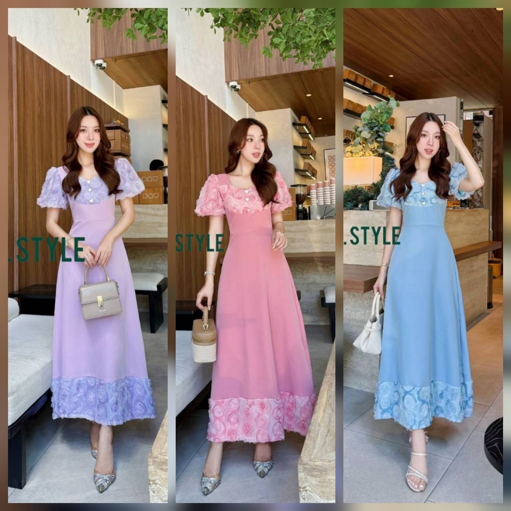 D7713💘ฟ้ามีS-3xl💘ม่วงมีM,XL,2xl,3xl,4xl[ปกติ]ยาว50"เดรสยาวแต่งดอก3ดีแขนตุ๊กตา