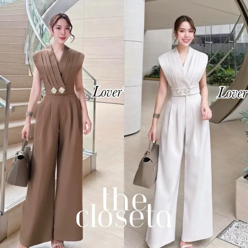 THE CLOSETA : (พร้อมส่ง) LV274 ชุดเซ็ท2ชิ้น เสื้อแขนกุดคอปาดแต่งกระดุมเพชร+กางเกงขายาวทรงขากระบอก