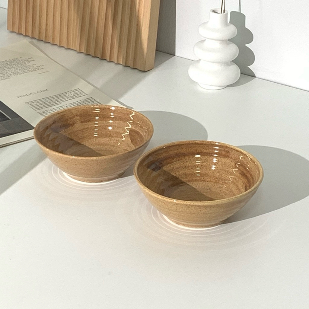 Goodsceramic ถ้วย (Sauce Cup)ถ้วยเซรามิก ทรงกลมผิวสัมผัสเคลือบมันเงา เล่นลวดลาย และเล่นริ้วที่ผิวถ้วย สีน้ำตาลอ่อน