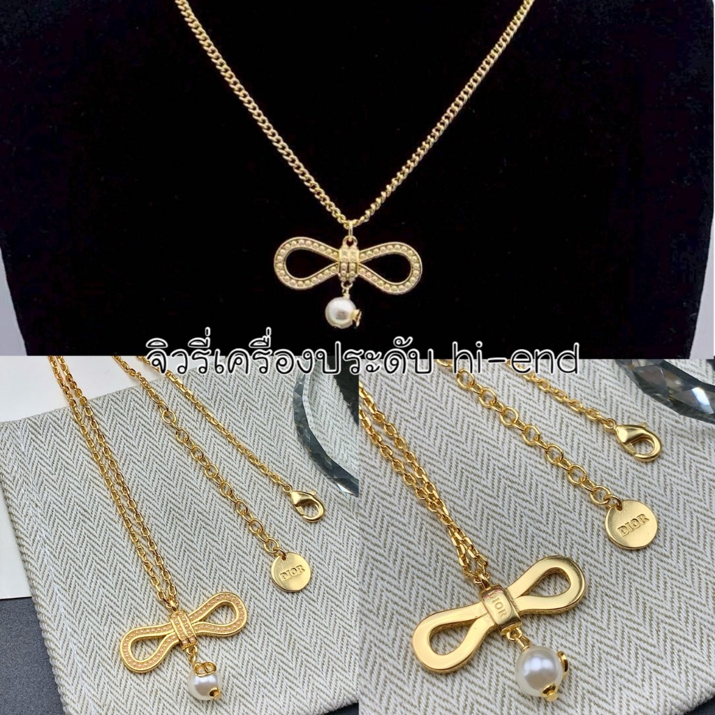 สร้อยคอ D สีทอง จี้โบว์ตกแต่งด้วยมุก  ตัวเรือนชุป 18k  น่ารักมากคุณหนูมากค่ะ ปั้ม (ด47)