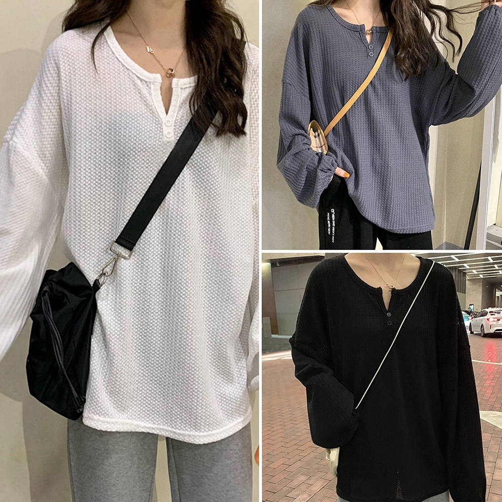 Hotgirl พร้อมส่ง เสื้อยืดแขนยาว แฟชั่นผู้หญิง ทรงหลวม สีทึบแขนยาวสไตล์เกาหลี โอเวอร์ไซส์ มีการออกแบบปุ่ม