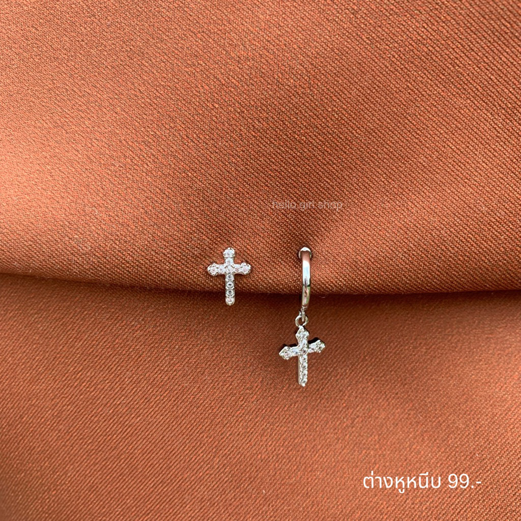 ( ต่างหูหนีบ ขดลวด ) ต่างหูห่วงไม้กางเขน มินิมอล สีเงิน