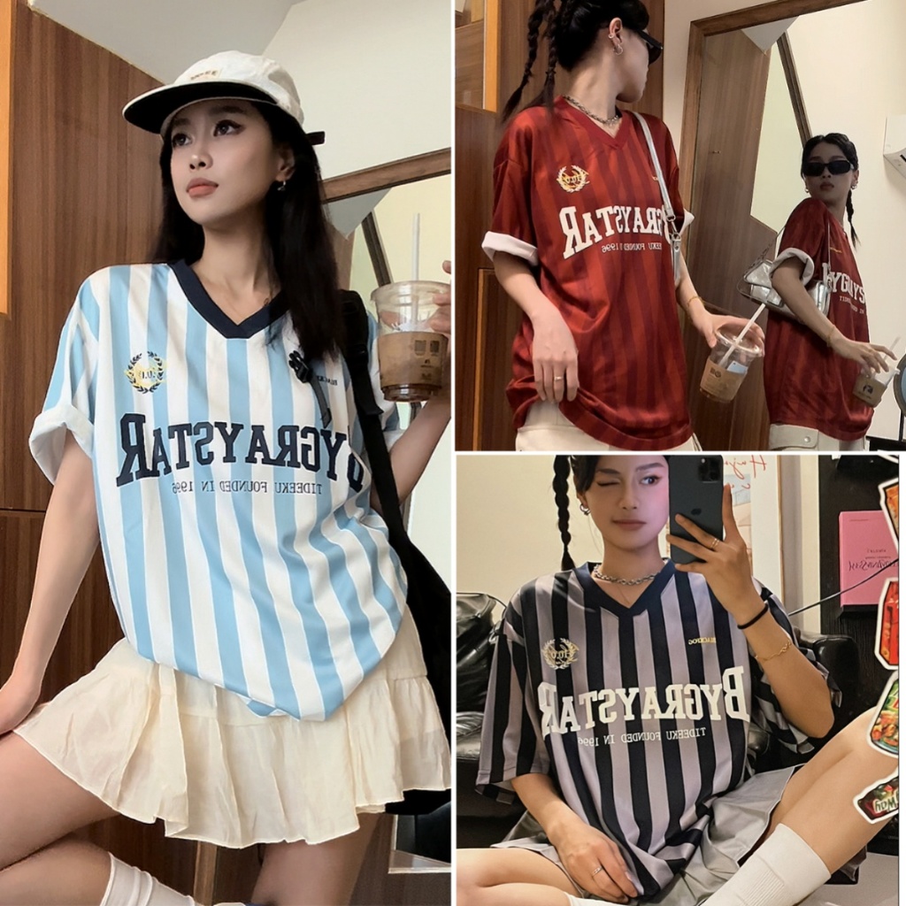 Bella shop เสื้อยืดแขนสั้นลายทางสไตล์ย้อนยุคอเมริกันสไตล์สปอร์ตแฟชั่นลำลอง