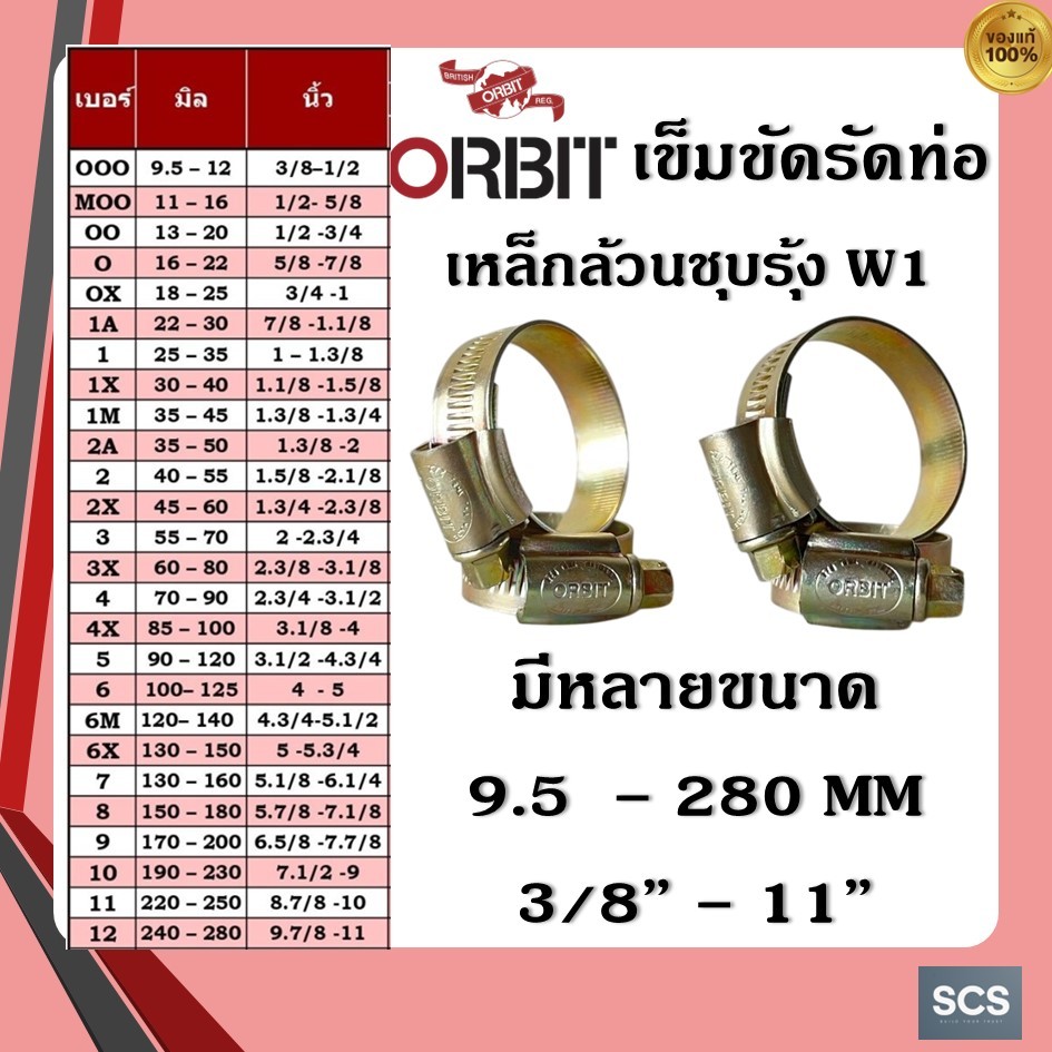 ORBIT เข็มขัดรัดท่อ รัดสายยาง ออบิท ขนาด 3/8'' - 11นิ้ว (9.5 - 280 มม.) กิ๊บรัดสายยาง เหล็กรัดสายยาง กิ๊บรัดท่อ