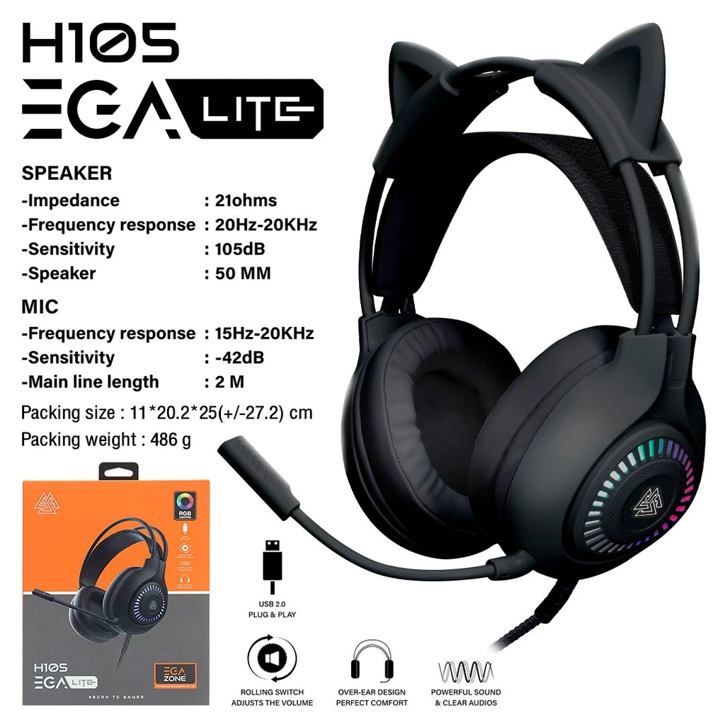 🛵มีส่งด่วน🛵หูฟังเกมมิ่ง EGA LITE H105 LITE หัวเสียบแบบ USB *หูแมวถอดออกได้*