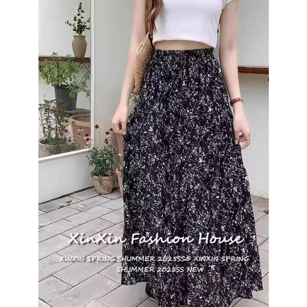 [Summer women's floral casual long skirt]กระโปรงยาวทรงเอเอวสูงจีบลำลองสำหรับผู้หญิงในช่วงฤดูร้อน