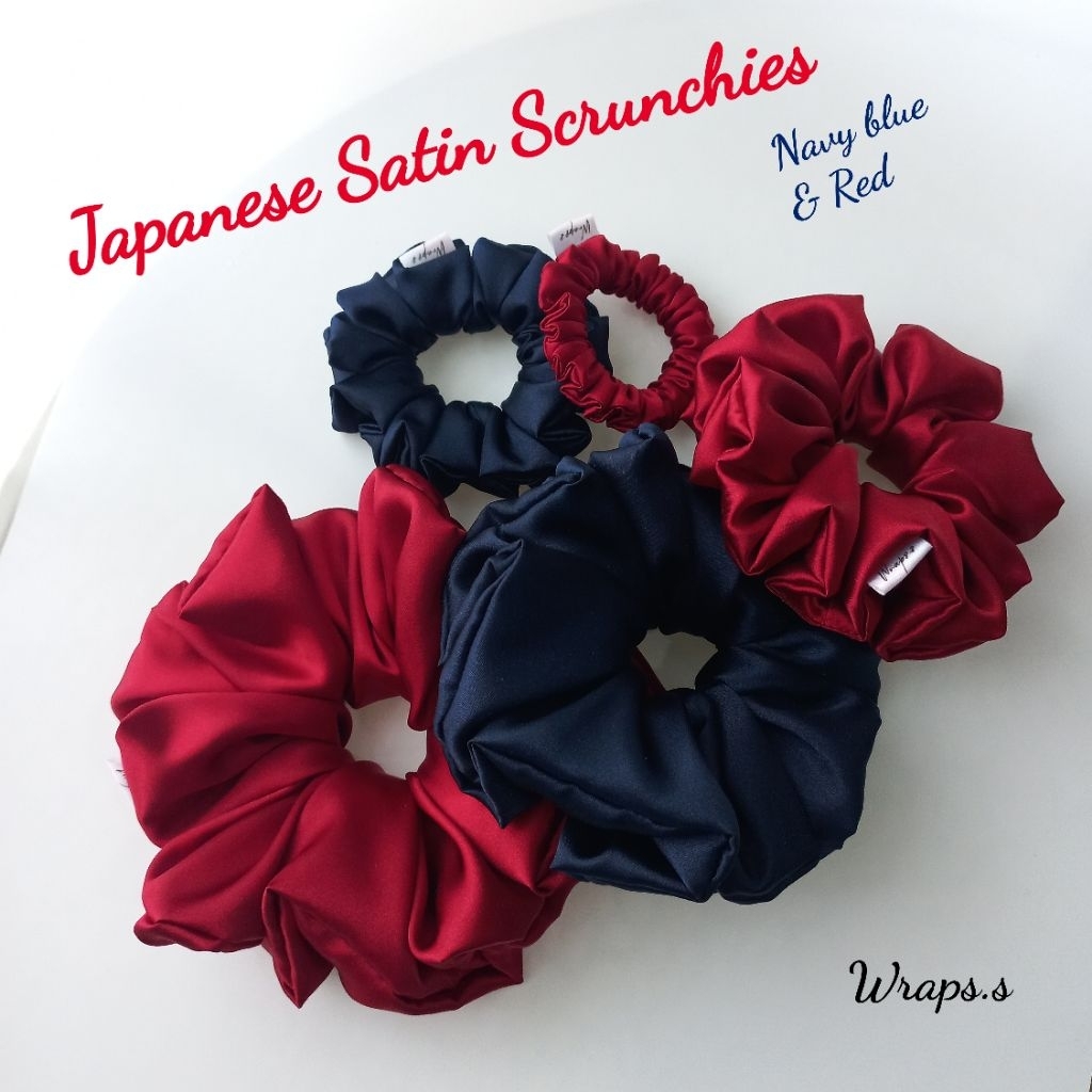 Wraps.s Scrunchies ยางรัดผมผ้าซาติน สีน้ำเงินและสีแดง มี 5 ไซส์ ยางมัดผม ยางรัดผม นุ่มลื่น ไม่กินผม