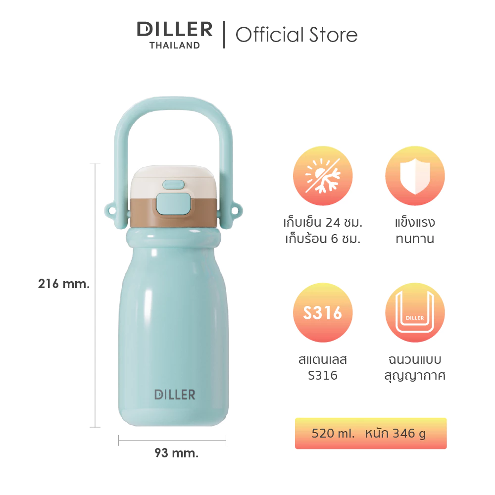 Diller Thailand Thermo Flask 520ml. (MLH9327) กระติกเก็บความร้อน-เย็น ฝาปิด 2in1 พร้อมหูหิ้วและสาย พร้อมส่งจากกทม. thumbnail 3