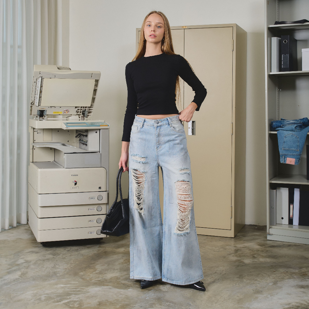 JSARA กางเกงยีนส์ทรงขากระบอกใหญ่ Baggy jeans แต่งขาด แต่งเฟด แต่งกลิตเตอร์ Size S-3XL รหัส 21711