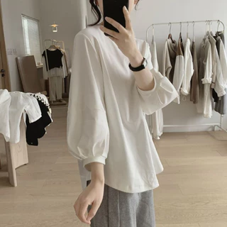 cherryshop พร้อมส่ง เสื้อยืดแขนยาวผู้หญิงสไตล์เกาหลีเรียบง่ายใหม่ สีพื้น คอกลม ทรงหลวม แขนพอง หวานและน่ารัก