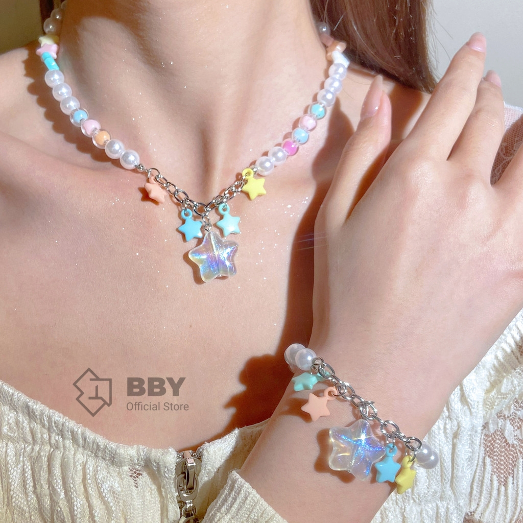 BBY สร้อยคอเลเยอร์จี้ดาวลูกปัดสีสันสดใส ไว้ใส่คู่กับสร้อยอื่นได้ B038