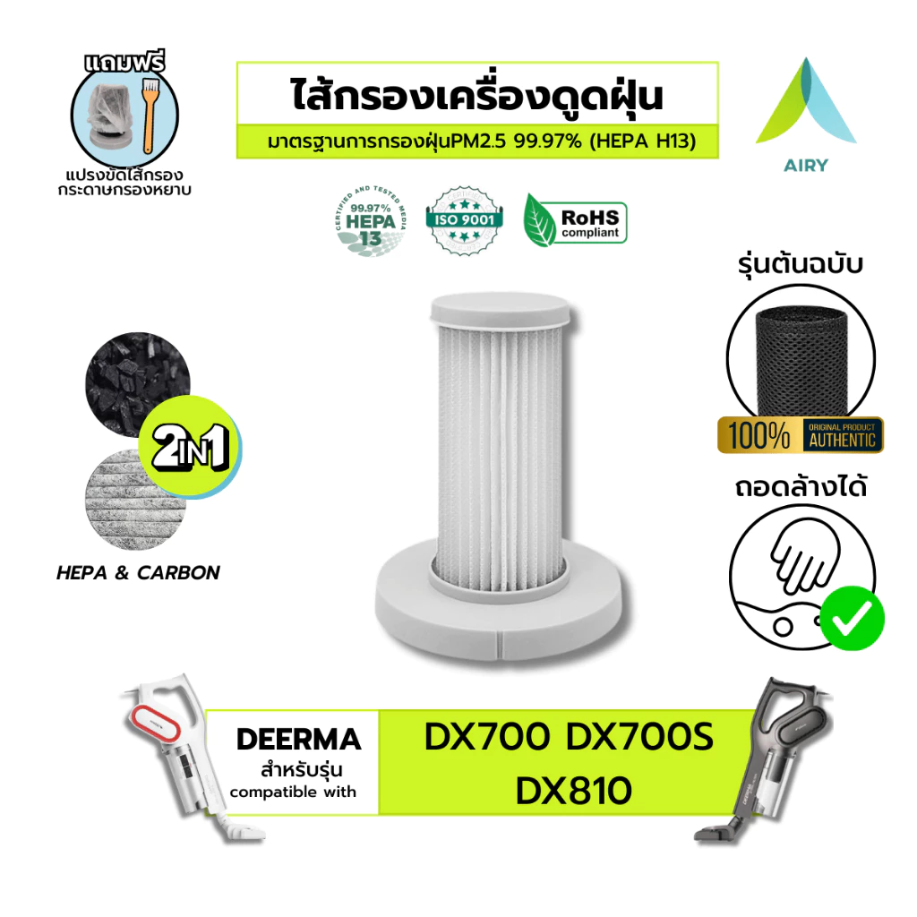(H13 เกรดแพทย์) AIRY ไส้กรอง เครื่องดูดฝุ่น Deerma DX700 700S DX810 ฝุ่นPM2.5 เดียร์ม่า Hepa ล้างได้