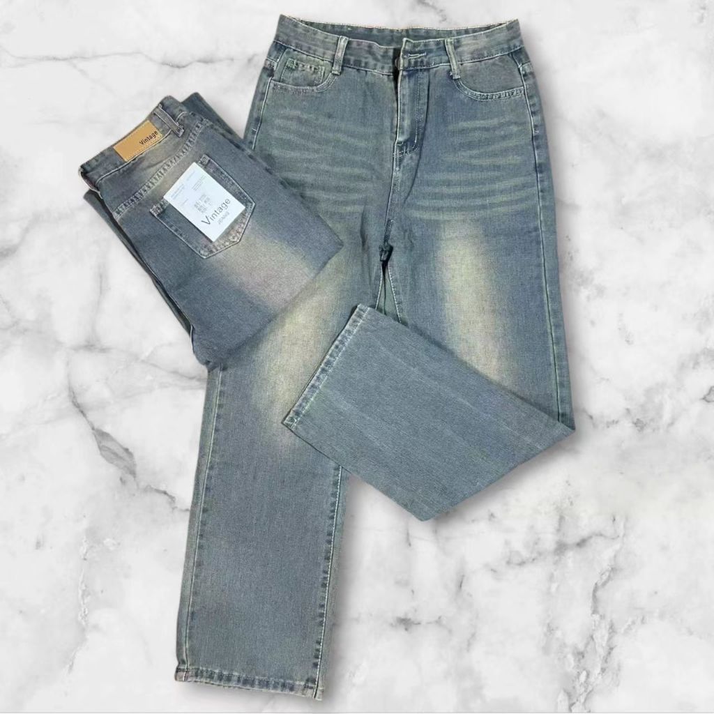 Y2kกางเกงยีนส์ทรงกระบอก สีสนิม ป้ายvintage ออลแมตช์ retro jean7777