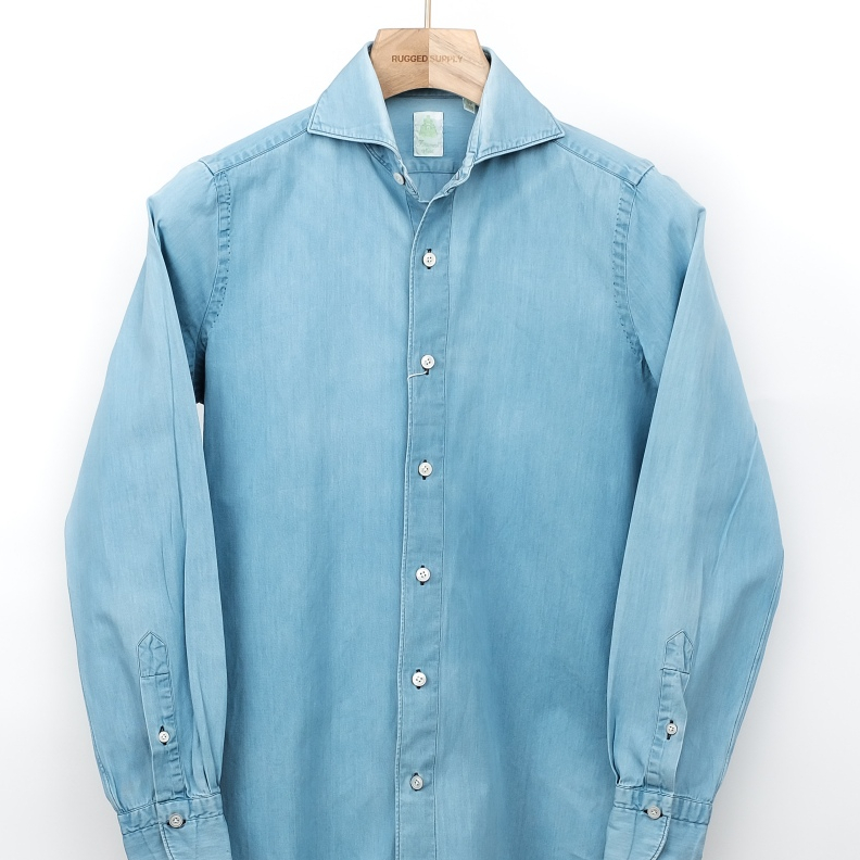 S - FINOMORE NAPOLI Denim Cut-away Collar Cotton Shirt