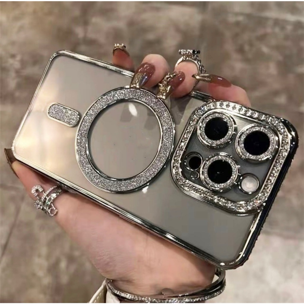 เคส ชาร์จไร้สาย กันกระแทก แต่งกลิตเตอร์เพชร ใชสําหรับ iPhone 11 12 13 14 15 16 Pro Max Plus 16e เคสโทรศัพท์ แม่เหล็ก