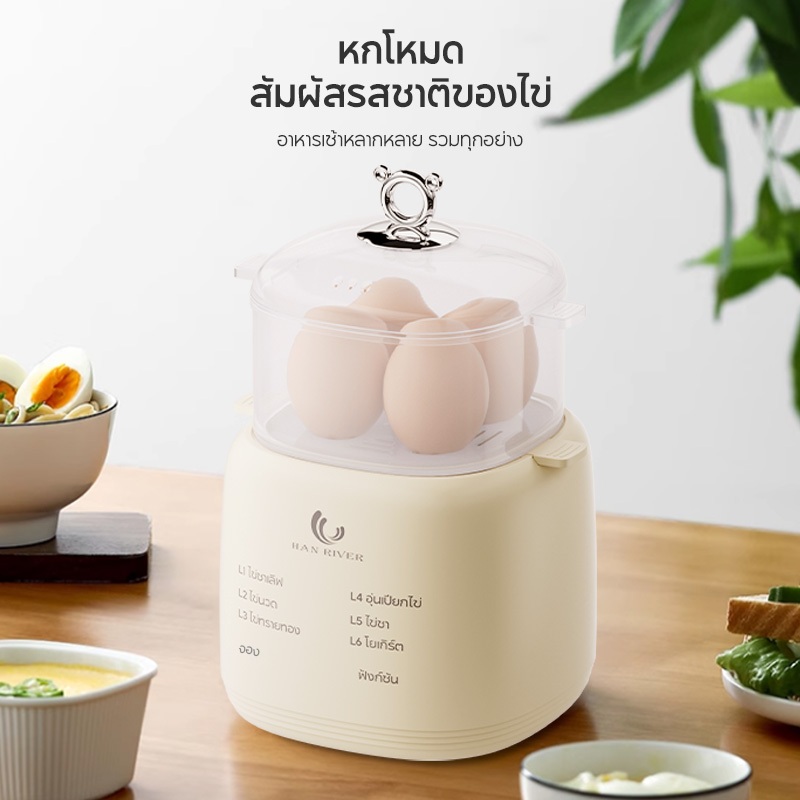 เครื่องต้มไข่ไฟฟ้า สองชั้น 300W แรงสูง หม้อต้มไข่มัลติฟังก์ชั่น 6 โหมด พร้อมถ้วยนึ่ง+ตะแกรง ต้ม 8ฟอง