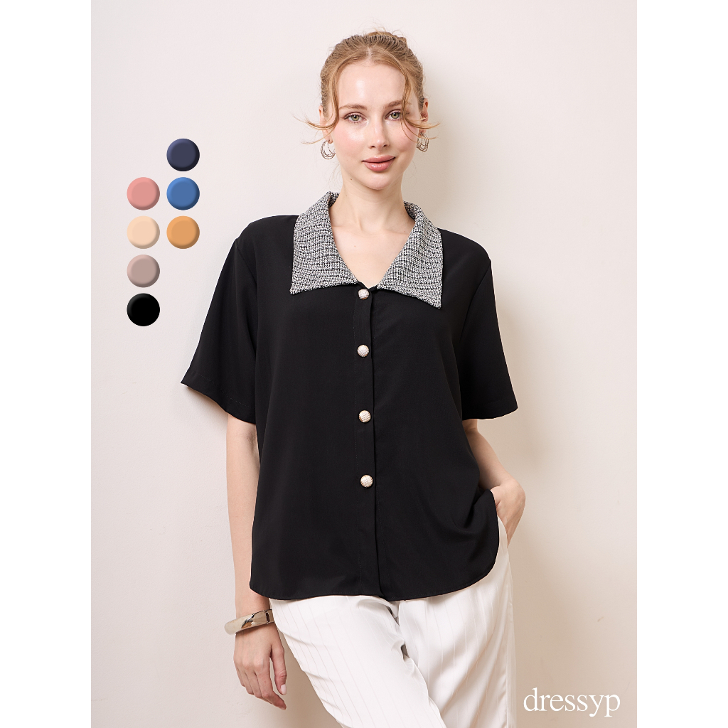 dressyp - Tweed Collar Blouse เสื้อคอปกผู้หญิง ปกผ้า Tweed ตัดกับตัวเสื้อ กระดุมหน้าดีเทลหรูหรา DP352