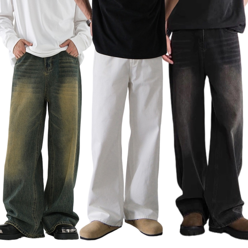 กางเกงยีนส์ผู้ชายขากว้าง ไซลินไดรต์ พอดี คอปกปานกลางพอดีเก็บอย่างดี กระเป๋าด้านหน้า (ผ้าไม่ยืด)