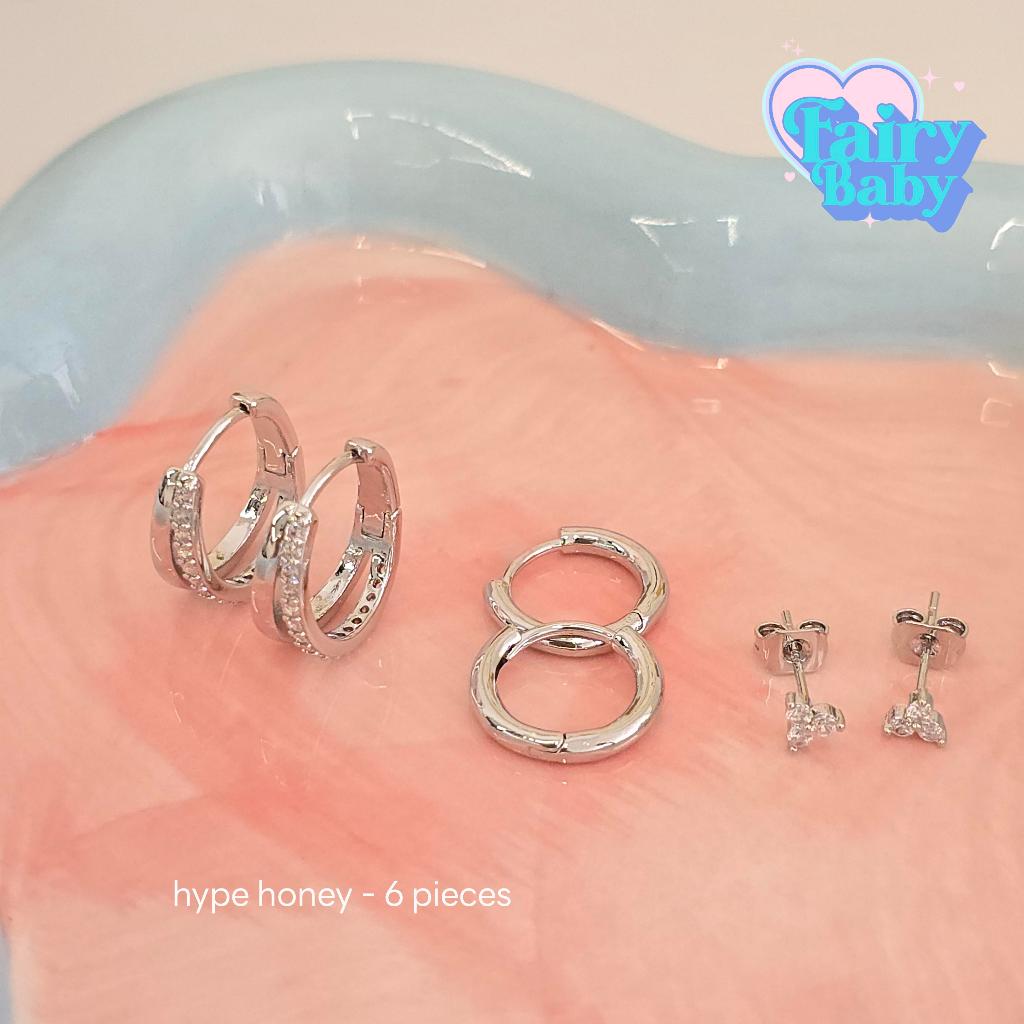 Fairybaby เซท ต่างหู Hype Honey Set - White Gold (3 คู่45)  เซท ต่างหู ประกาย หรูหรา  เซ็ทตุ้มหู ห่วง แป้น (E3-012)